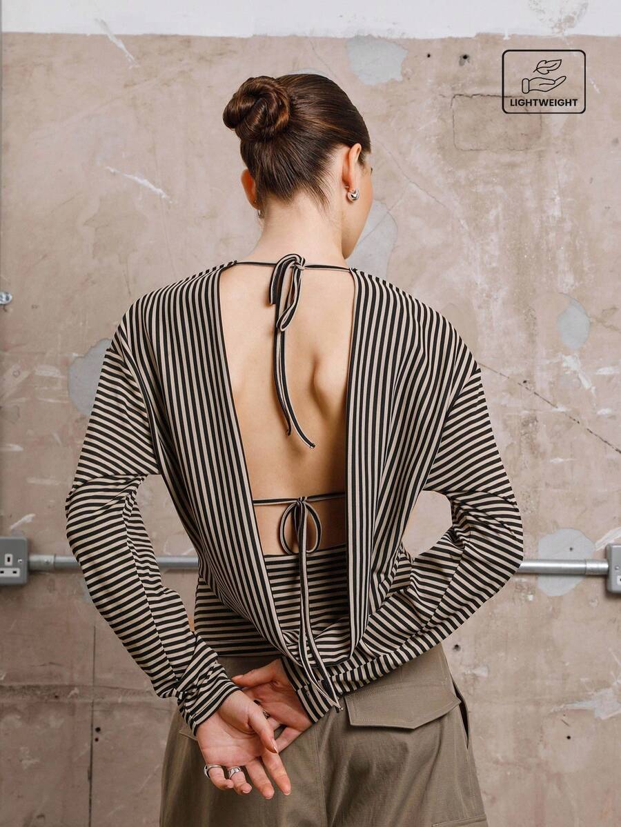 COUREZ Women Open Back Long Sleeve Top In Stripe Y2K Fall Autumn Going Out Top Summer - Multicolor - View 1