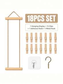 18Pcs Wall Mounted Photo Display Hanging Set Including 1 Rack 15 Clips 1 Self Adhesive Hook 1 Metal Hook Natural Wood Clips Jute Rope Minimalist Scandinavian Style No Drill Space Saving For Bedroom Dorm Studio Entryway Desk Party Decor - multicolor - View 7