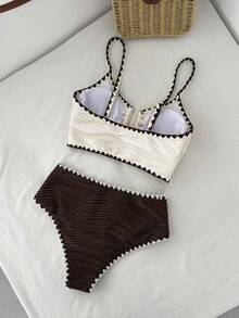 Swim Lushoire Set Baju Renang Wanita untuk Liburan dengan Gesper Logam Bertekstur dan Bordir Motif Kerang, Atasan Tank Top dan Bawahan Bikini Segitiga - MultiWarna - View 5