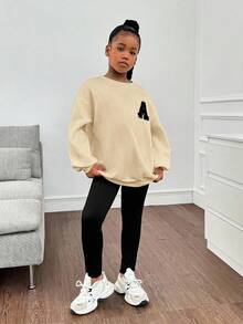 SHEIN Leap Crew Tween Girls Loose Casual Letter Patch Dropped Shoulder Round Neck Hoodie And Slim Fit Pants Set - Apricot - View 5