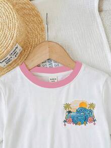 SHEIN 女童草莓图案针织柔软圆领短袖落肩上衣和条纹短裤两件套 - 粉色 - 查看 4