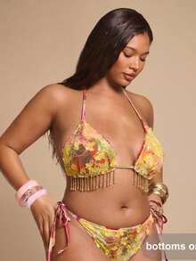 SHEIN BAE Conjunto de Bikini Talla Grande con Decoración Floral 3D de Lentejuelas - Amarillo - Ver 4