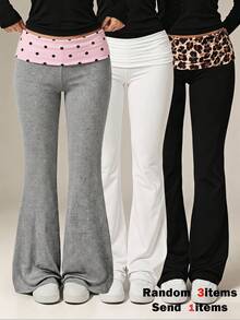 SHEIN Tween女孩時尚粉黑波點拼接極簡修身喇叭褲，百搭休閒春夏季穿搭，適合外出、通勤、日常穿著、購物與聚會 - 灰色 - 查看 1