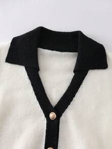 Franclia Women's Elegant Black And White Contrast V-Neck Button Cardigan,Autumn Office Ribbed Long Sleeve Knit Sweater Top,Versatile Daily Commute Knitwear - Black and White - View 4