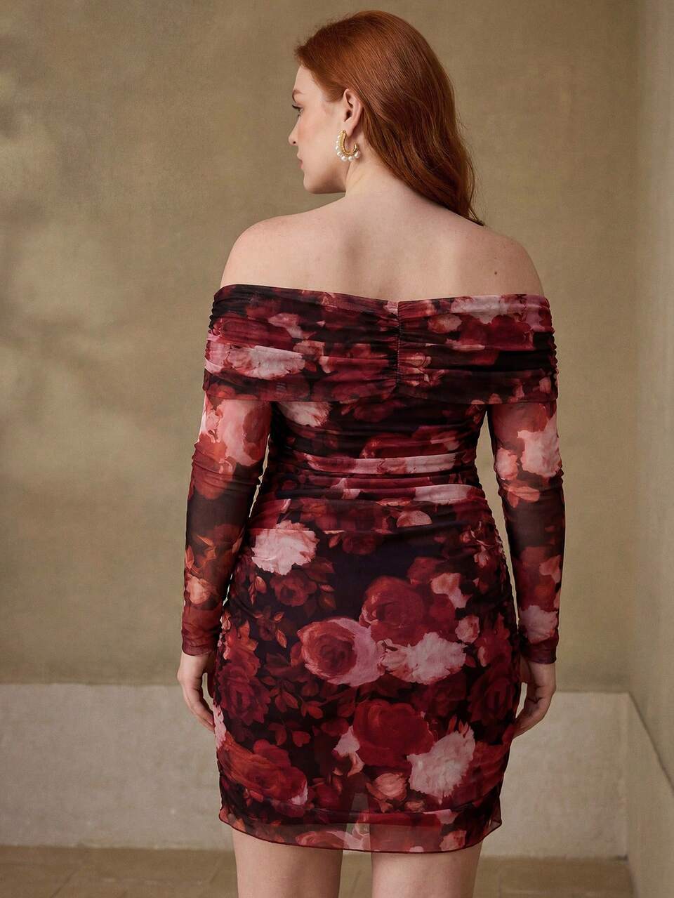 MOTF FRENCH ROMANTIC ROSE OFF SHOULDER RUCHED WAIST SLIMMING RUCHED BODYCON PLUS SIZE DRESS FALL