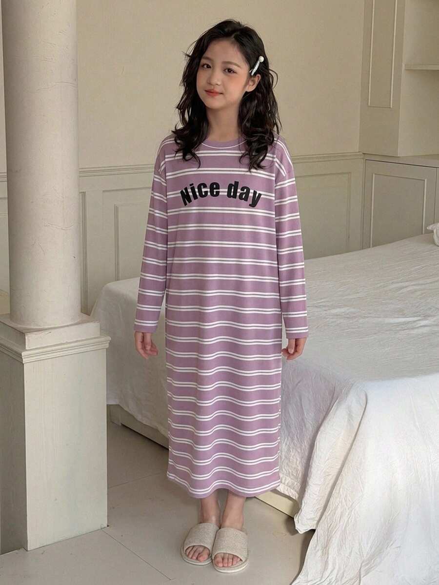DAZY 青少年女孩條紋字母印花睡裙家居服 秋季 - 紫色 - 查看 1