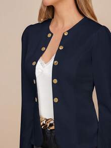 Amorya Women's Spring/Summer Casual Solid Color Double-Breasted Lightweight Jacket In Fall/Winter - Navy Blue - View 4