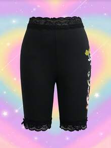 THE POWERPUFF GIRLS X SHEIN Women's Cartoon Print Waist Splicing Lace Trim Shorts - Black - View 3