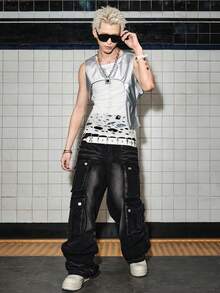 ROMWE MEN Grunge Punk 男士時尚銀色不對稱背心 - 銀色 - 查看 6