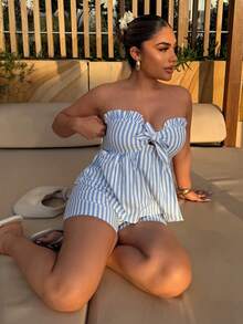 Maria Perezxox 女款2件套：條紋印花荷葉邊綁帶背心上衣與休閒短褲套裝，度假海灘派對夏季優雅套裝 - 藍白色 - 查看 5