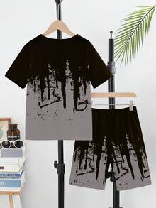 Pakaian Musim Semi dan Musim Panas, Musim Semi, Musim Panas, Musim Gugur, Remaja Laki-laki, Mode, Gaya Gradien Abu-abu Hitam, Pola Slogan Huruf King, Kasual, Dasar, Set Kaos Pendek dan Celana Pendek - MultiWarna - View 2