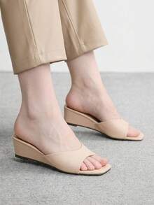 CUCCOO BIZCHIC Square Toe Wedge Heel Women's Casual Vacation Fashion Slide Sandals Outdoor Wear Open Toe Versatile Premium Look Sandals - Pink - View 3