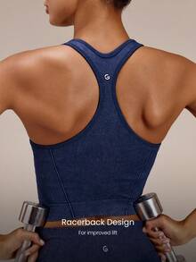 GLOWMODE Ultrafine Soft Seamless For Real Faux Denim Wash Square Racerback Tank With Removable Cups Training Workout Gym Fitness Wear - Dark Blue - View 4