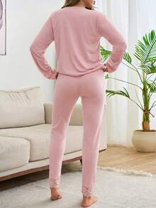 Loomlin 2pcs Cotton V Neck Lace Detail Homewear Set - Baby Pink - View 2