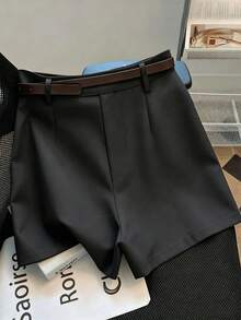 SHEIN PETITE Women's Summer Solid Color Zipper Placket Pleated Casual Commuter Shorts - Black - View 2