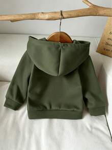 SHEIN Vintaside Kids 女嬰休閒純色保暖內裡連帽拉鍊外套，適合秋冬穿著 - 軍綠色 - 查看 2