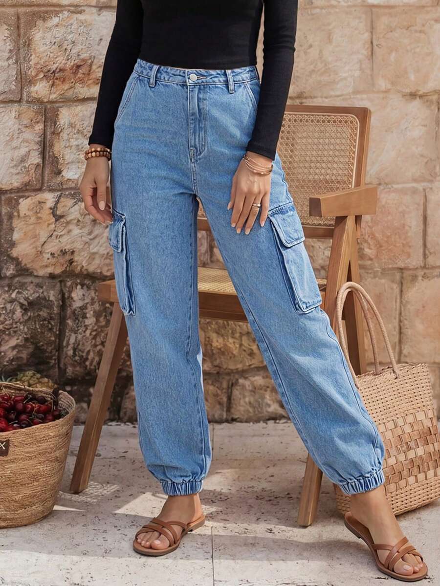 SHEIN LUNE Pantalones cargo sólidos - Azul lavado medio - View 1