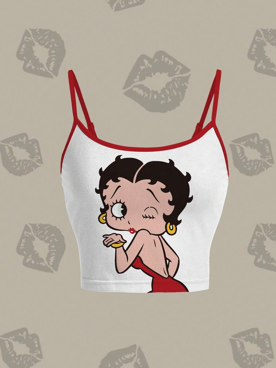 Betty Boop x SHEIN 女款夏季休閒卡通印花細肩帶背心 - 白色 - 查看 1