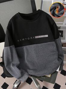 1件青少年休閒圓領拼色時尚長袖運動衫，適合日常休閒通勤百搭穿搭 - 黑色 - 查看 1