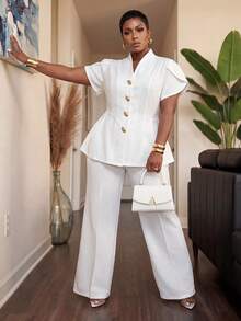 Slaydiva Early Autumn New Arrival Elegant White Fitted Short Sleeve Petal Waist-Cinching A-Line Blazer With Metal Button Decor And Matching Extra Long Pants Women's Plus Size Suit Set For Concert, Party, Wedding Season, Cocktail, Date, Birthday Gathering - White - View 5