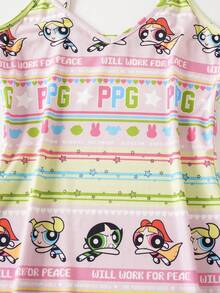 THE POWERPUFF GIRLS X SHEIN 女款卡通印花條紋拼接細肩帶睡裙 - 彩色 - 查看 5
