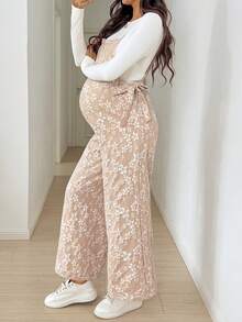 SHEIN 孕婦提花側腰綁帶休閒吊帶連身褲 - 杏色 - 查看 7