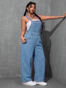 SHEIN ICON 大尺碼女款波點口袋休閒日常牛仔連身褲 - 淺色水洗藍 - 查看 3