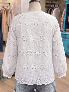 Linhara Plus-Size Women's Simple Cutout Embroidered Plain Top Fall - White - View 2