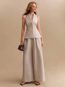 CielaLinda Women's Sleeveless Blazer Vest And Pants Set, Minimalist Old Money Style Suit - Apricot - View 5