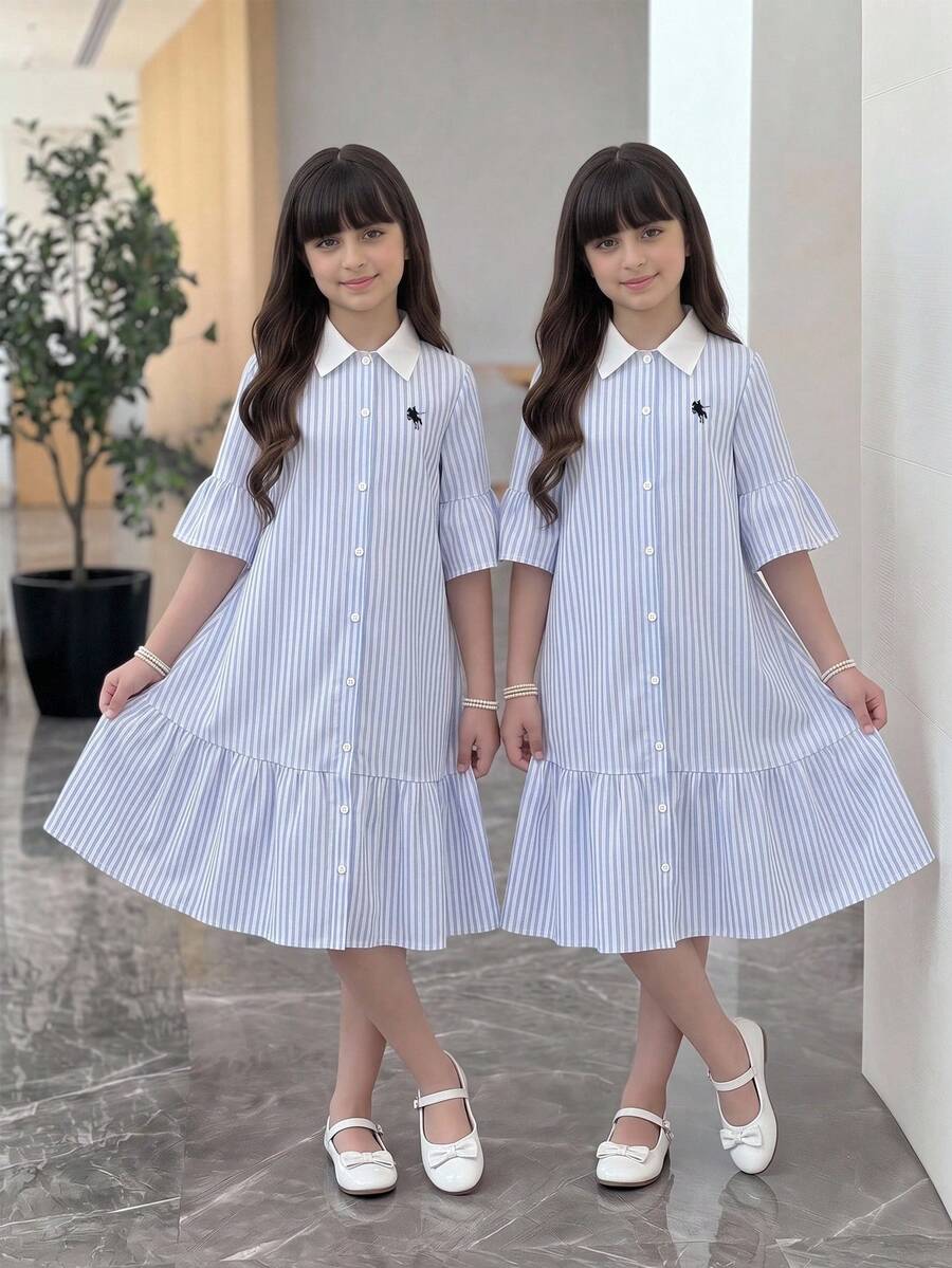 1pc Girls' Striped Dress, Effortless Spring Vibe. Classic White Collar + Single-Breasted Full-Front Design, Versatile For Commute And Casual Wear, 3/4 Flare Sleeves Gently Flatter Arm Lines, A-Line Full Skirt + Ruffle Hem Patchwork, Cleverly Conceals And Slims, Flattering For All Body Types. Mid-Length Skirt Length Suitable For Daily Outings - Blue - View 1