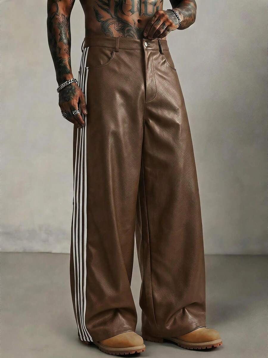 FRESIVO Men's Fashion Commute Colorblock Striped Pants - Brown - View 1