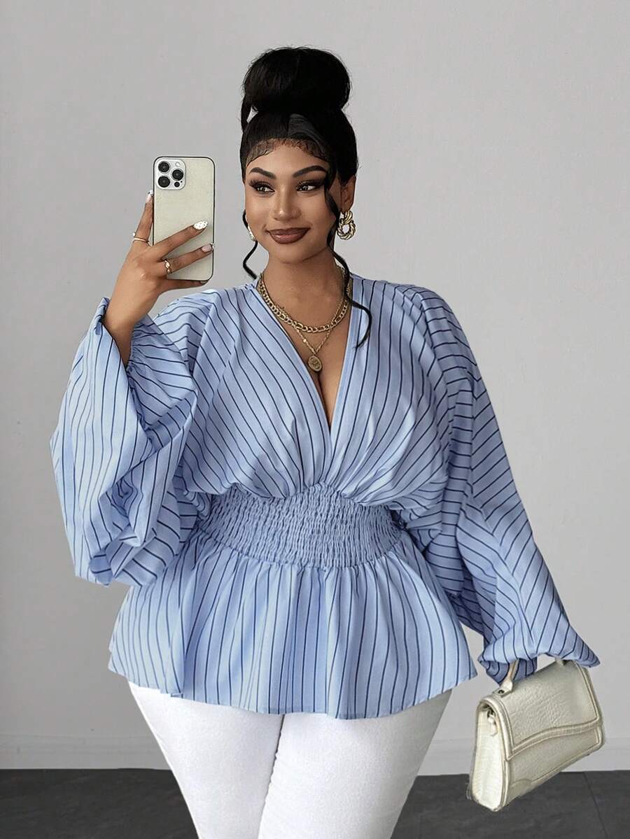 Maweii Plus Size Blue Striped Deep V-Neck Petal Sleeve Cinched Waist Ruffle Hem Casual Fashion Blouse Fall - Blue - View 1