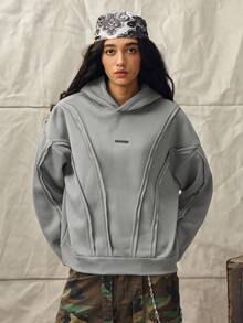 Norleigh Men's Casual Hoodie With Deconstructed Curved Paneling, Stretchy, Y2K, Grey, Patched, Rib-Knit, Long Sleeve, Oversized, For Gifts - Grey - View 8