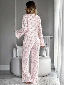 SHEIN 女款純棉迷你愛心印花圓領長袖上衣 & 高腰寬腿長褲 2件組睡衣 - 彩色 - 查看 2