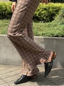 FRIFUL Women's Plaid Elastic Waist Commuter Flare Leg Pants Fall - Brown - View 7
