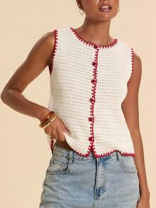 Travachic Women's Floral Bud Trim Single-Breasted Knit Vest Brunch Vacation Red And White Stripe Summer Boho Casual - White - View 4