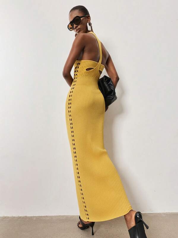 MERLEAU Women's Yellow Ribbed Knit Maxi Dress Halter Neck Side Cutout Details Tank Top Sweater Dress Hollow Back Date Going Out Autumn Sexy