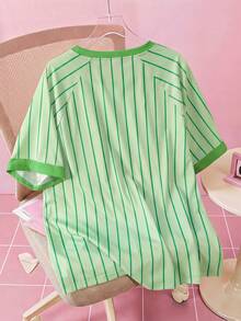 THE POWERPUFF GIRLS X SHEIN Men's Striped Cartoon Pattern Printed Crew Neck Short Sleeve T-Shirt - Green - View 2