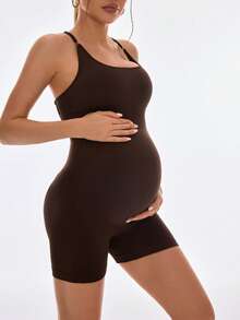 SHEIN Maternity Solid Color Criss-Cross Back Design Camisole Sports Romper Photoshoot Brown Black Summer - Multicolor - View 5