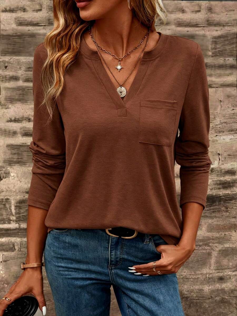 EMERY ROSE Spring/Autumn Casual Versatile Solid Color Notch Neck T-Shirt - Rust Brown - View 1