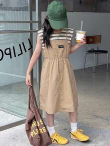 Dazy Kids 青少年女孩秋季新品 2件套 寬鬆背心上衣 短袖T恤 工裝褲 街頭風套裝 夏季 - 卡其色 - 查看 1