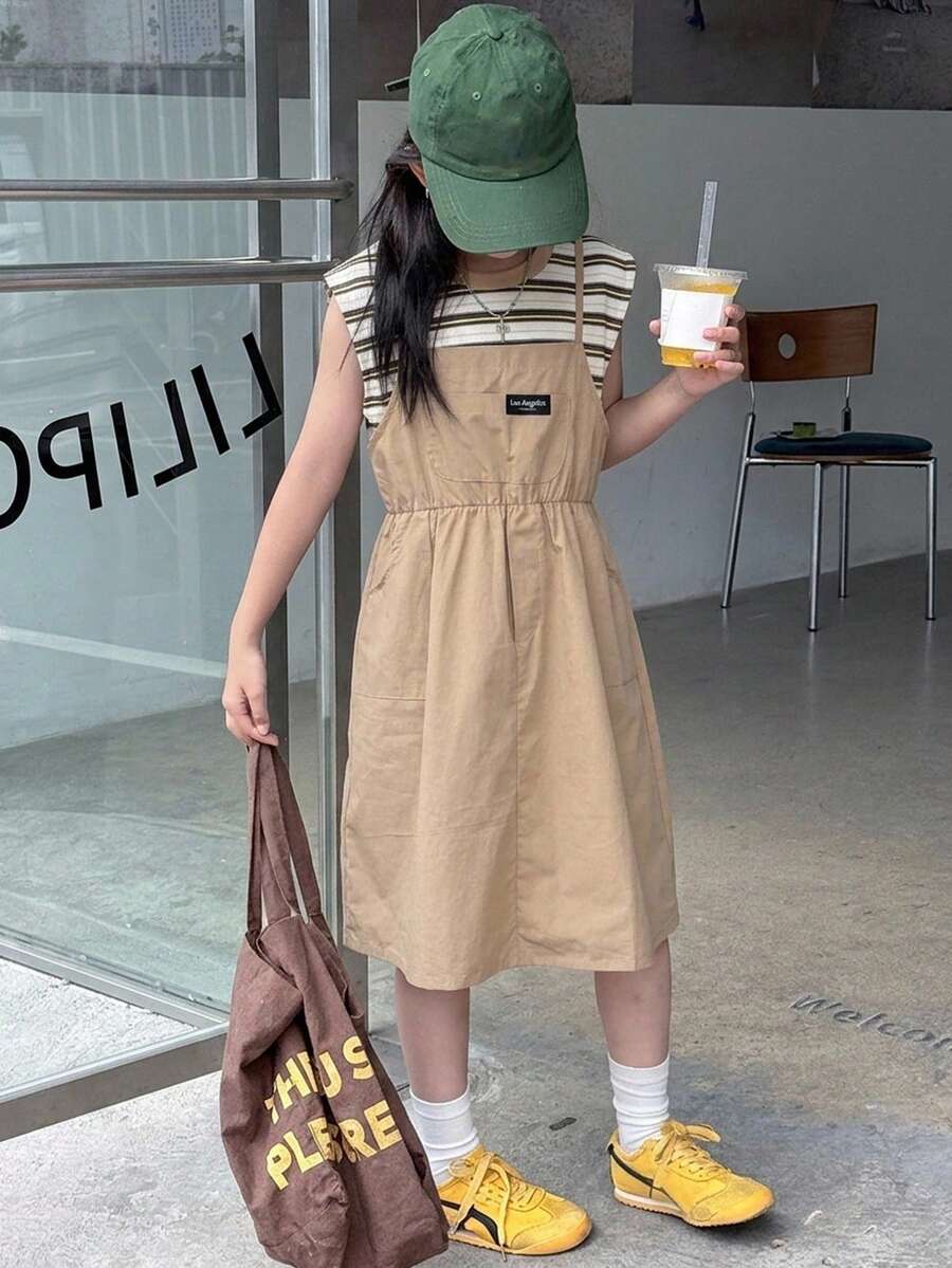 Dazy Kids 青少年女孩秋季新品 2件套 寬鬆背心上衣 短袖T恤 工裝褲 街頭風套裝 夏季 - 卡其色 - 查看 1