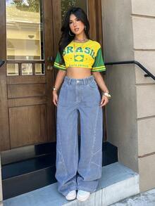 Rivivi 女款休閒街頭風水洗條紋牛仔長褲 日間度假穿搭 藍白條紋 夏季 - 藍色 - 查看 3