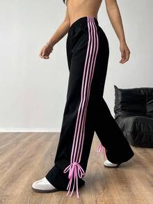 SHEIN EZwear 秋季休闲黑色撞色侧条纹织带工装裤 - 黑色 - 查看 6