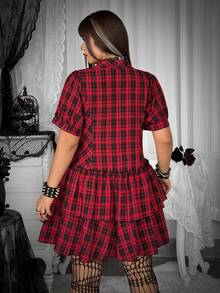 Whyspr Vestido de Talla Grande Primavera/Verano Punk con Volantes Multicapa a Cuadros - Rojo - Ver 3