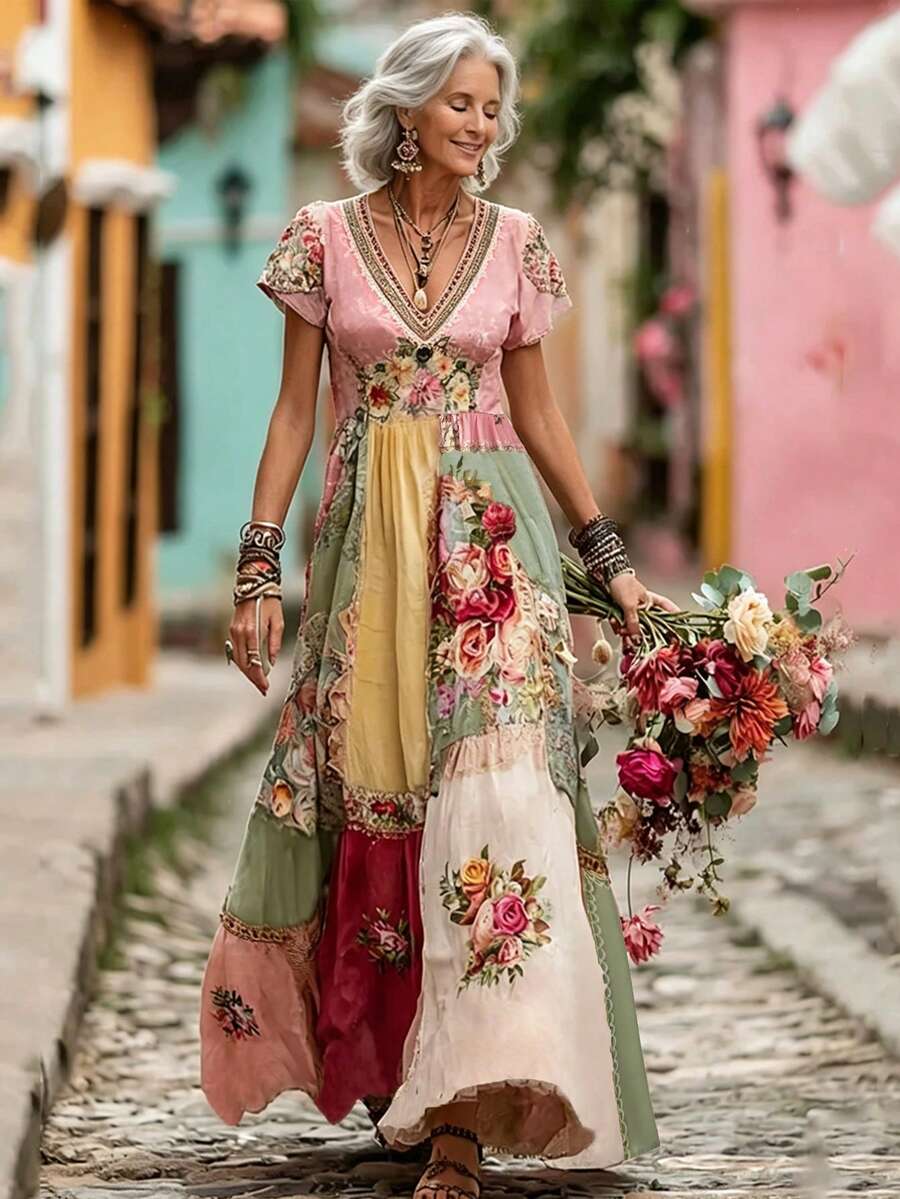 EMERY ROSE 中老年女款V領花卉印花百褶休閒日常外出洋裝 - 彩色 - 查看 1