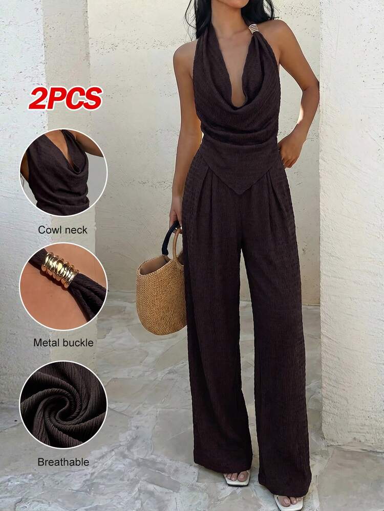 Aloruh Spring Summer Elegant Sexy Casual Minimalist Fashion Commuter Blended Linen Dark Brown Light Business Two Pieces Set Music Festival Vacation Night Out - Brown - View 10