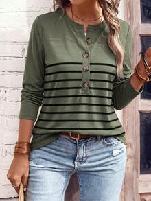 SHEIN LUNE Camiseta casual de mujer de manga larga con botones y media cartera a rayas - Multicolor - Ver 1