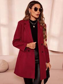 SHEIN Clasi Lapel Neck Double Breasted Overcoat In Fall/Winter - Burgundy - View 4