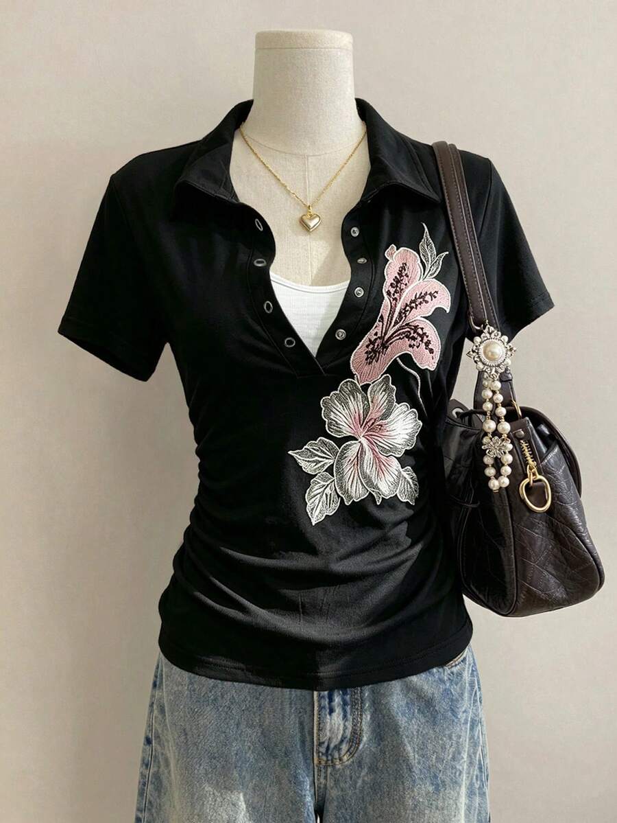 Lalippa 女款花卉刺繡 2 合 1 短袖休閒 T 恤 - 黑色 - 查看 1
